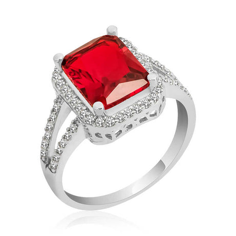 Ring - Sterling Silver Red Emerald Cut Stone Halo Ring