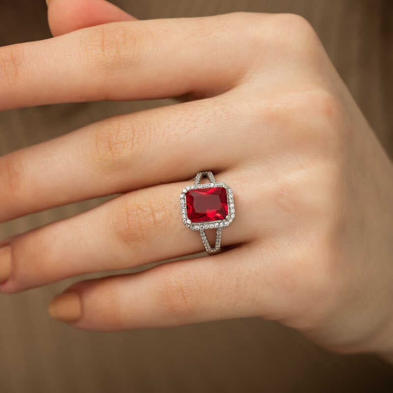 Ring - Sterling Silver Red Emerald Cut Stone Halo Ring