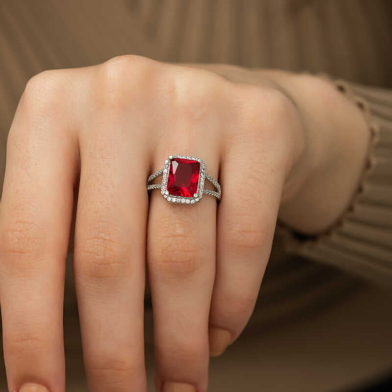 Ring - Sterling Silver Red Emerald Cut Stone Halo Ring