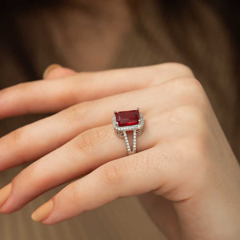 Ring - Sterling Silver Red Emerald Cut Stone Halo Ring