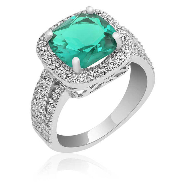 Sterling Silver - Emerald Green Zircon Halo Statement Ring