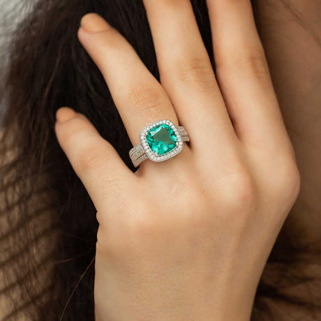 Sterling Silver - Emerald Green Zircon Halo Statement Ring