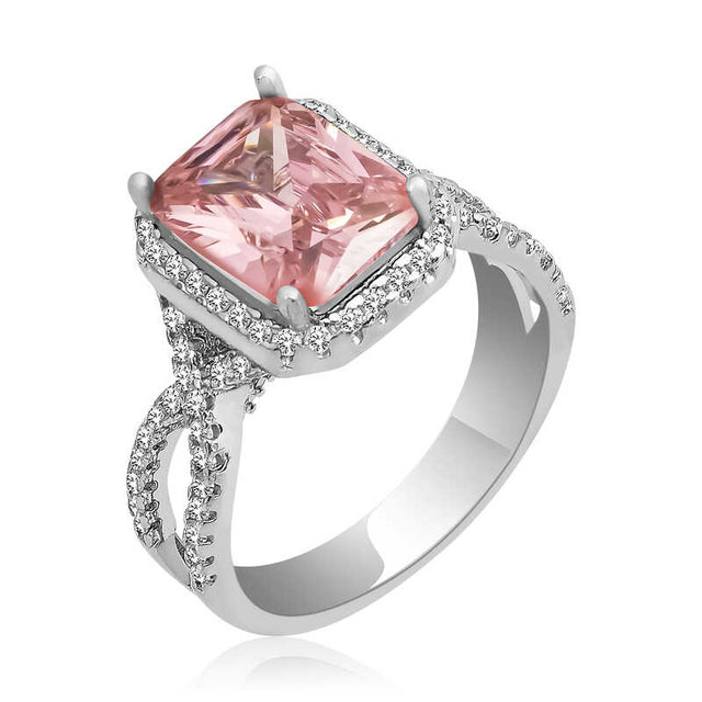 Silver-Tone Pink Cushion Cut Halo Ring - Pavé Twist Band