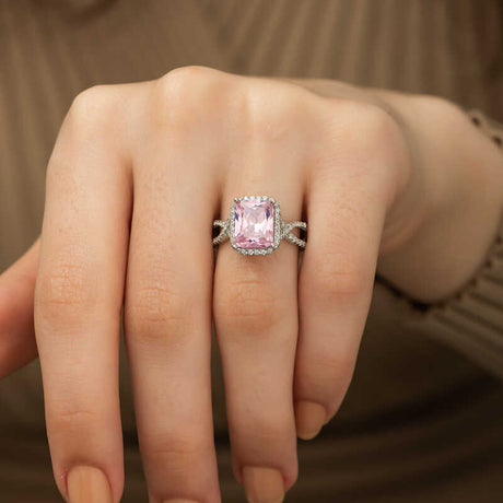 Silver-Tone Pink Cushion Cut Halo Ring - Pavé Twist Band