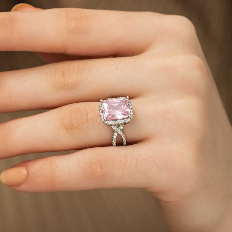 Silver-Tone Pink Cushion Cut Halo Ring - Pavé Twist Band