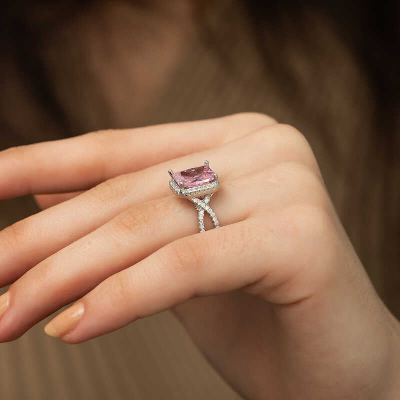 Silver-Tone Pink Cushion Cut Halo Ring - Pavé Twist Band