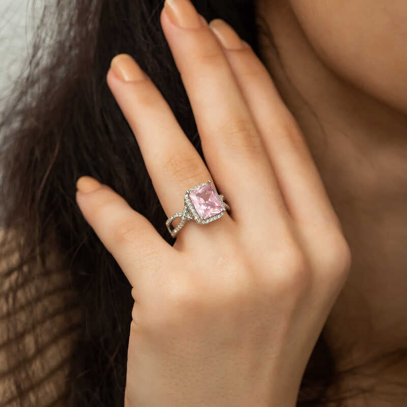 Silver-Tone Pink Cushion Cut Halo Ring - Pavé Twist Band