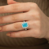 Sterling Silver Ring - Turquoise Rectangular Halo Statement