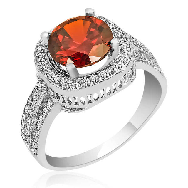 Sterling Silver Halo Ring - Vibrant Orange-Red Gemstone Statement