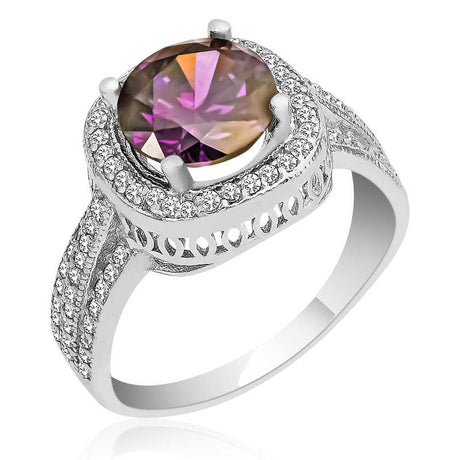 Sterling Silver Halo Ring - Two-Tone Amethyst & CZ Statement