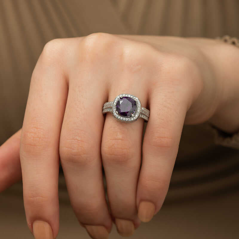 Sterling Silver Halo Ring - Two-Tone Amethyst & CZ Statement