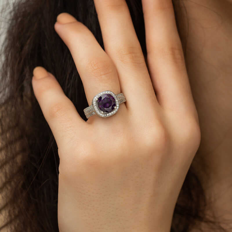 Sterling Silver Halo Ring - Two-Tone Amethyst & CZ Statement