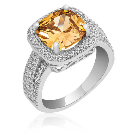 Statement Ring - Silver-Tone Cushion Cut Yellow Gemstone Halo