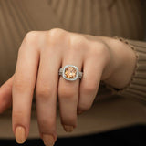 Statement Ring - Silver-Tone Cushion Cut Yellow Gemstone Halo