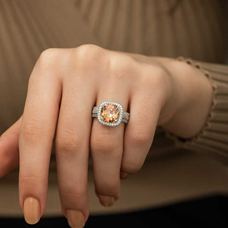 Statement Ring - Silver-Tone Cushion Cut Yellow Gemstone Halo