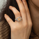 Statement Ring - Silver-Tone Cushion Cut Yellow Gemstone Halo