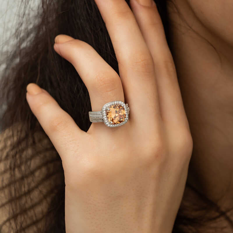 Statement Ring - Silver-Tone Cushion Cut Yellow Gemstone Halo