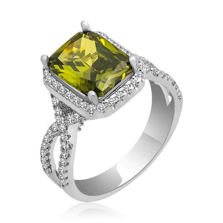 Ring - Sterling Silver Green Emerald Cut Halo Statement Ring