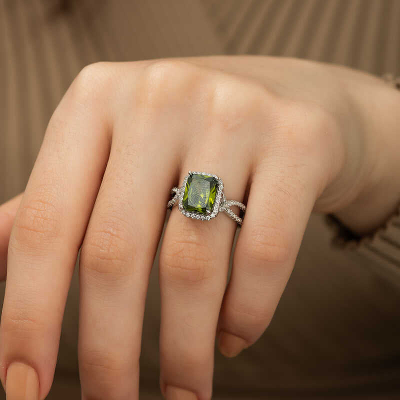 Ring - Sterling Silver Green Emerald Cut Halo Statement Ring