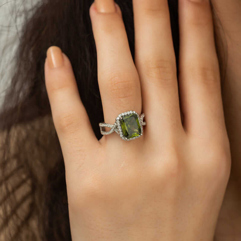 Ring - Sterling Silver Green Emerald Cut Halo Statement Ring