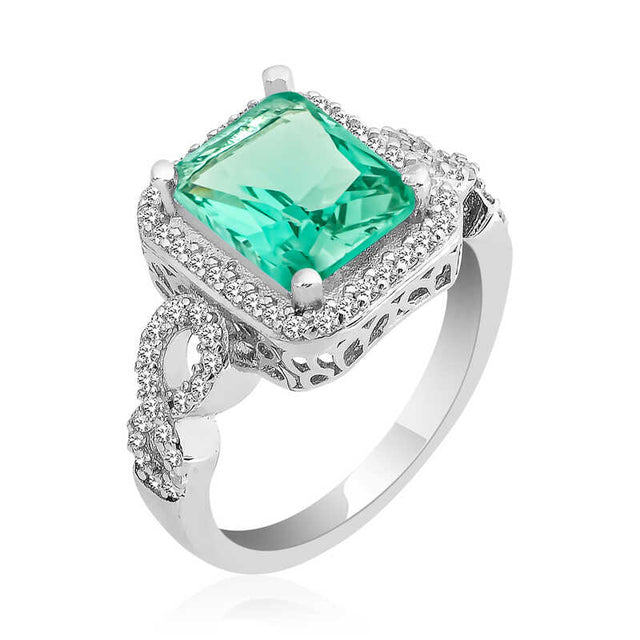 Ring - Silver-Tone Aqua Green Emerald Cut Halo Statement Ring