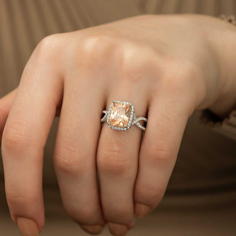 Ring - Silver-Tone Orange Stone Halo Criss-Cross Ring