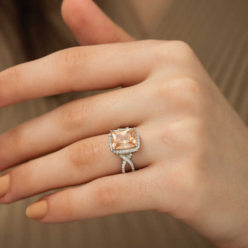 Ring - Silver-Tone Orange Stone Halo Criss-Cross Ring