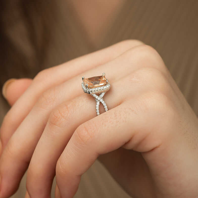 Ring - Silver-Tone Orange Stone Halo Criss-Cross Ring