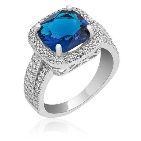 Ring - Sterling Silver Blue Cushion Cut Halo Statement Ring
