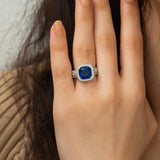 Ring - Sterling Silver Blue Cushion Cut Halo Statement Ring