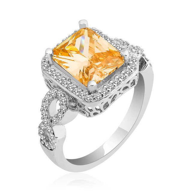 Sterling Silver Ring - Golden Yellow Square Cut Gemstone Halo