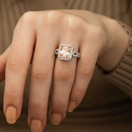 Sterling Silver Ring - Golden Yellow Square Cut Gemstone Halo