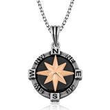 Sterling Silver Compass Star Pendant Necklace - Rose Gold Tone Detail