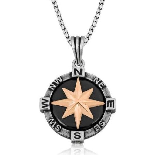 Sterling Silver Compass Star Pendant Necklace - Rose Gold Tone Detail