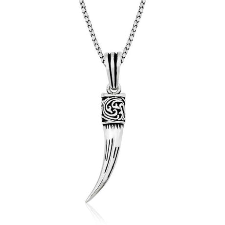 Sterling Silver Horn Pendant Necklace - Intricate Tribal Design Charm