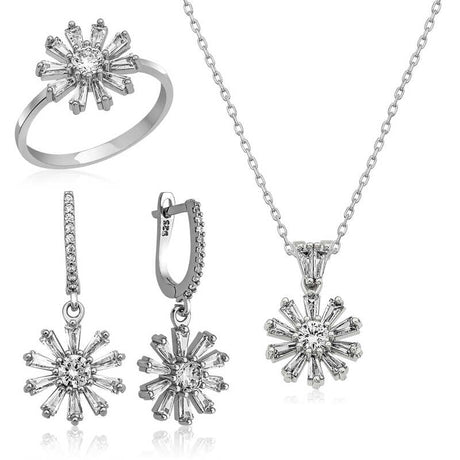 Sterling Silver Dazzling Trapezoid Zirconia Flower Jewelry Set