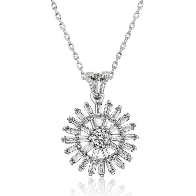 Sterling Silver Radiant Baguette & Round Diamond Necklace
