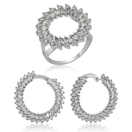 Silver-Tone Cubic Zirconia Ring & Hoop Earrings Set - Sparkling Baguette Design