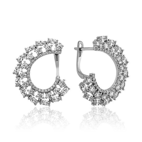 Sterling Silver Marquise & Round Cut CZ Crescent Hoop Earrings
