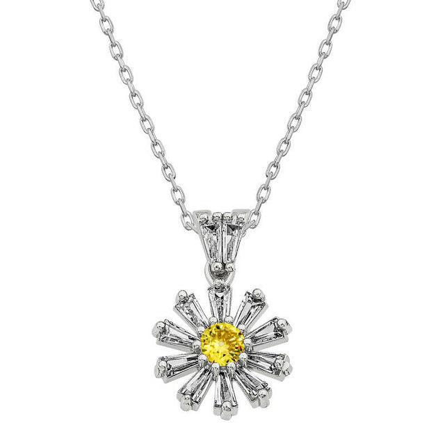 Necklace - Sterling Silver Yellow Gemstone Baguette Flower Pendant