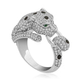Ring - Silver-Tone Pave Panther Statement Ring with Green Gemstone Eyes
