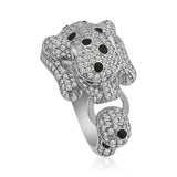 Ring - Silver-Tone Pave Panther Statement Ring with Green Gemstone Eyes