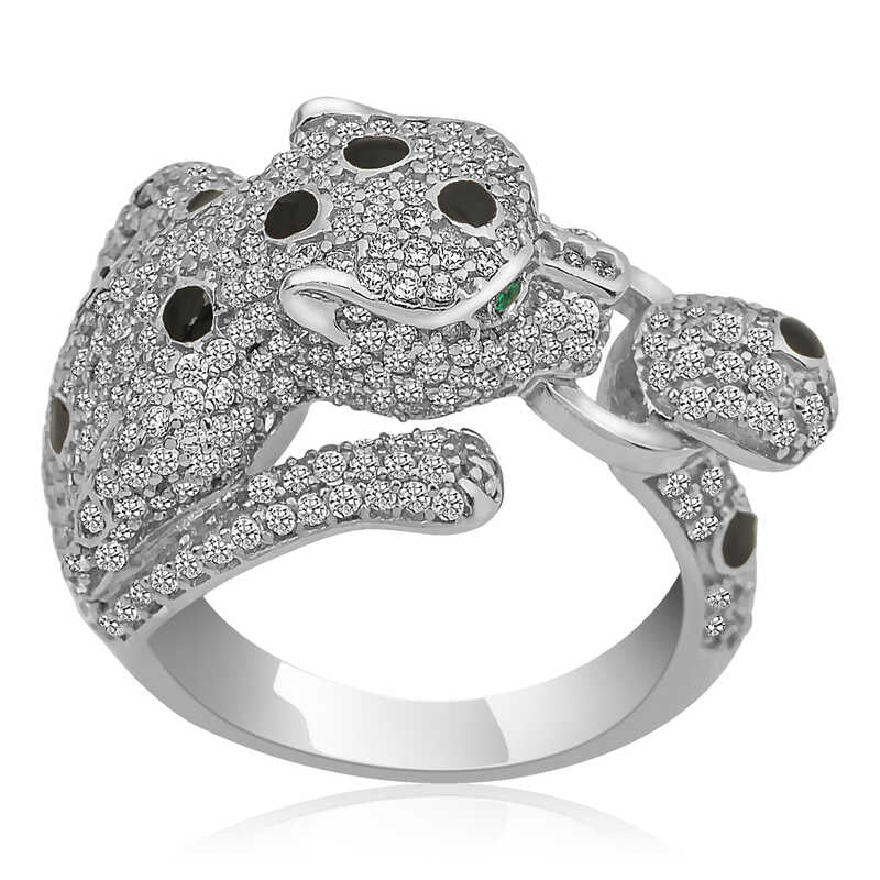 Ring - Silver-Tone Pave Panther Statement Ring with Green Gemstone Eyes