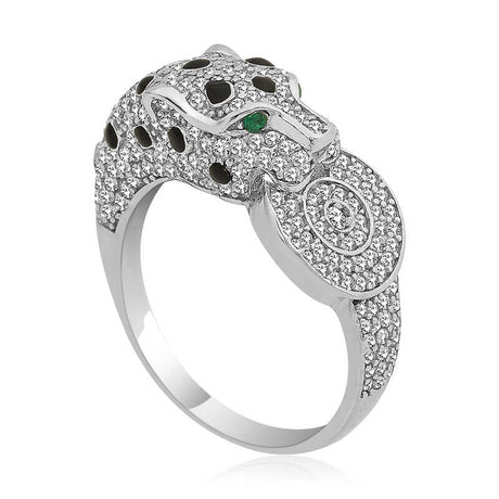 Sterling Silver Pave Panther Statement Ring with Green Eyes