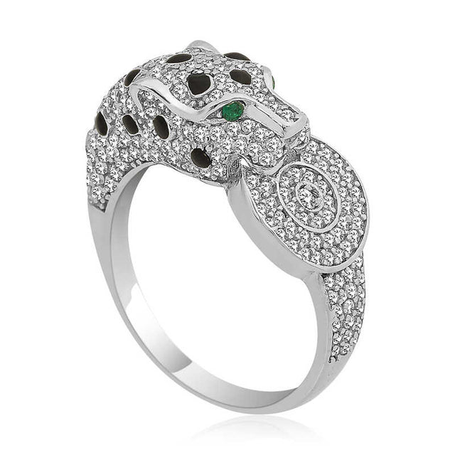 Sterling Silver Pave Panther Statement Ring with Green Eyes