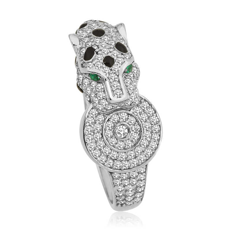 Sterling Silver Pave Panther Statement Ring with Green Eyes
