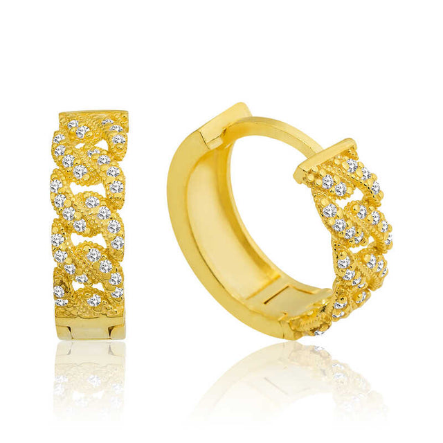 Gold-Plated Sterling Silver Hoop Earrings - Dazzling Pave Curb Chain Design