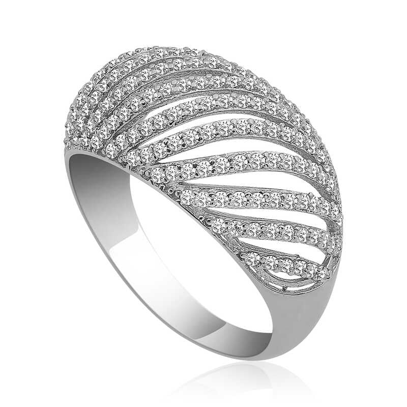 Ring - Sterling Silver Cubic Zirconia Wavy Pave Statement Ring
