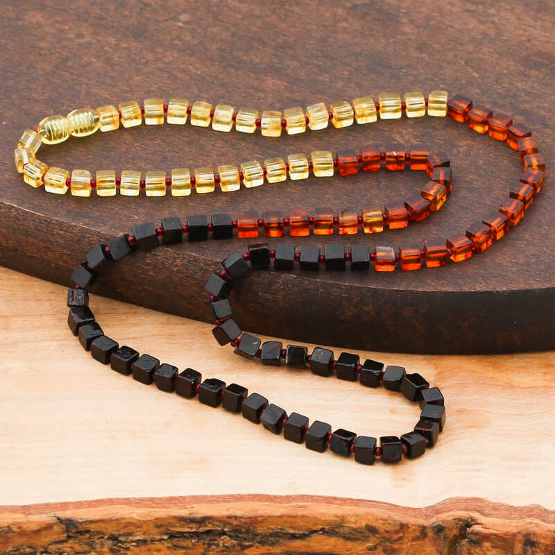 Natural Amber Necklace - Graduated Square Beaded Design