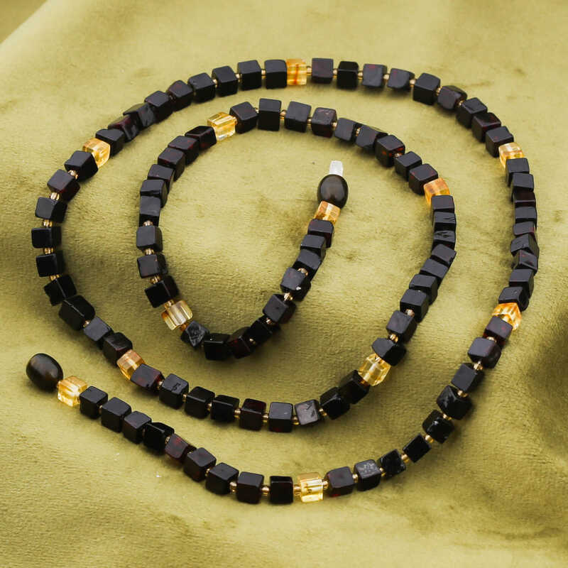 Amber Beaded Necklace - Natural Square Cut Gemstone Statement Design